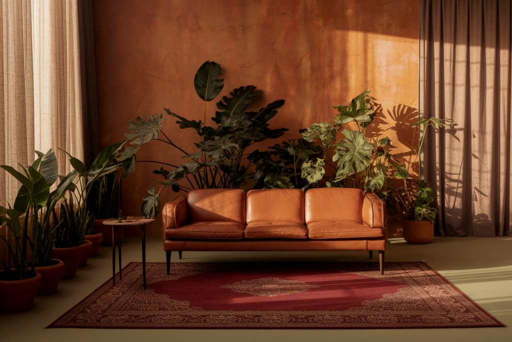 un petit salon cosy avec un canapé en cuir, un tapis, des meubles en bois et des plantes vertes