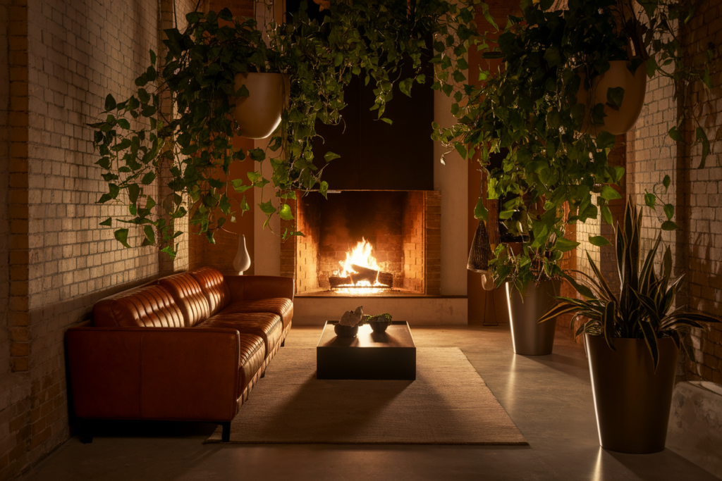 Un salon cosy, en longueur, avec un canapé en cuir, une table basse, des plantes d'intérieur et un poel à bois