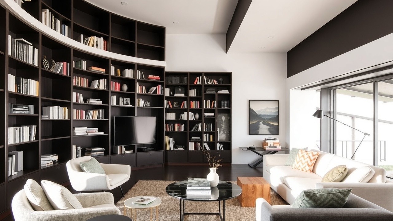 Une bibliothèque haute et fine dans un salon pour optimiser l'espace.