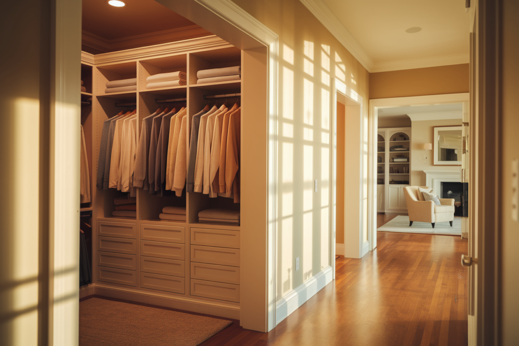 Une entrée de maison agréable avec un joli placard, le tout bien rangé