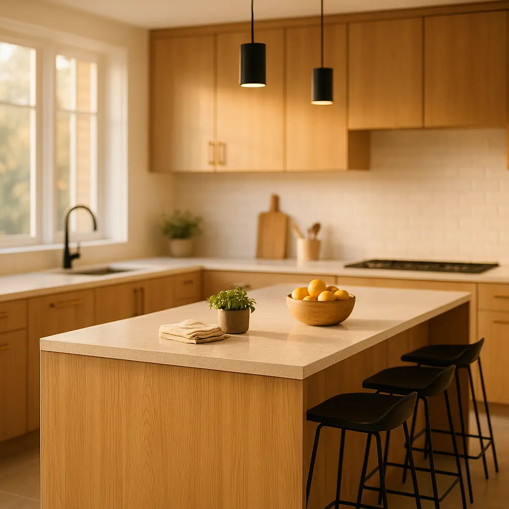 Une cuisine moderne, spacieuse et lumineuse après une rénovation réussie. Un grand îlot central, des matériaux naturels et une atmosphère accueillante.