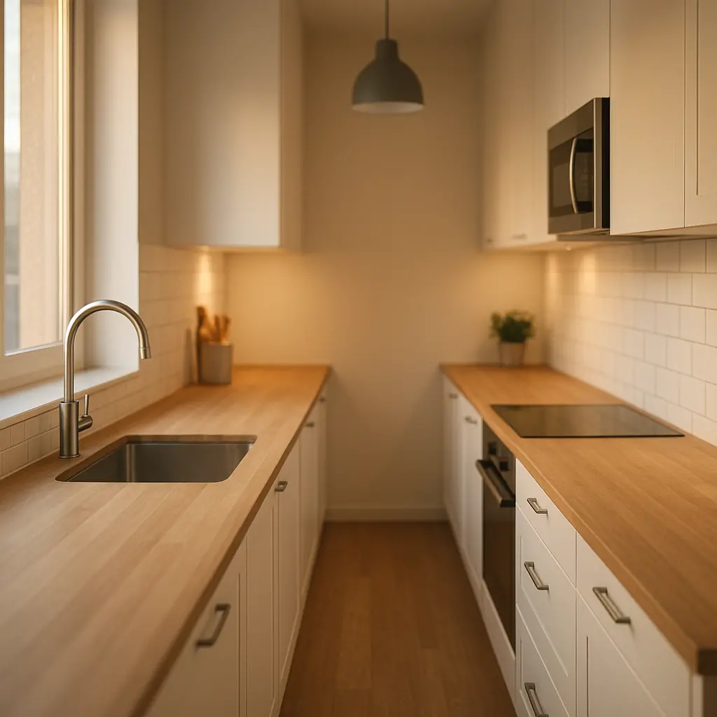 Une cuisine étroite et longue, moderne et lumineuse. L'espace est épuré et parfaitement organisé, baigné de lumière naturelle.