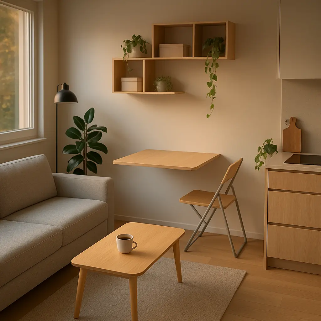 Petit studio moderne et lumineux, parfaitement organisé avec des meubles design et multifonctionnels optimisant l'espace de vie.