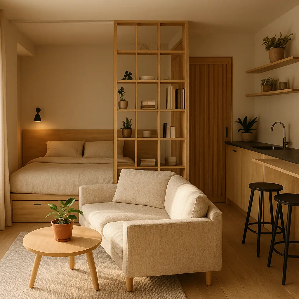 Intérieur d'un studio étroit et moderne, aménagé en trois espaces de vie distincts grâce à un mobilier astucieux.