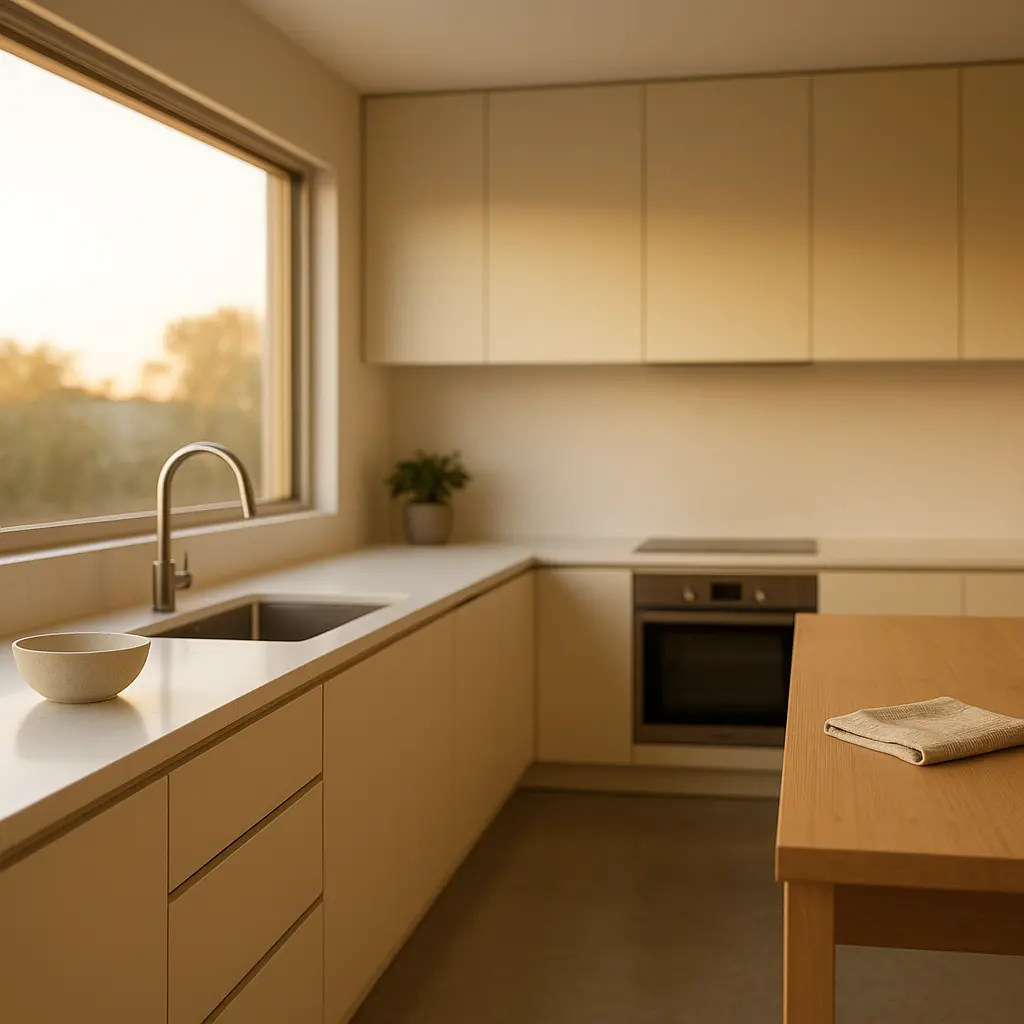 Une cuisine en longueur, lumineuse et épurée, avec une grande fenêtre au-dessus du plan de travail. Ambiance moderne et accueillante.