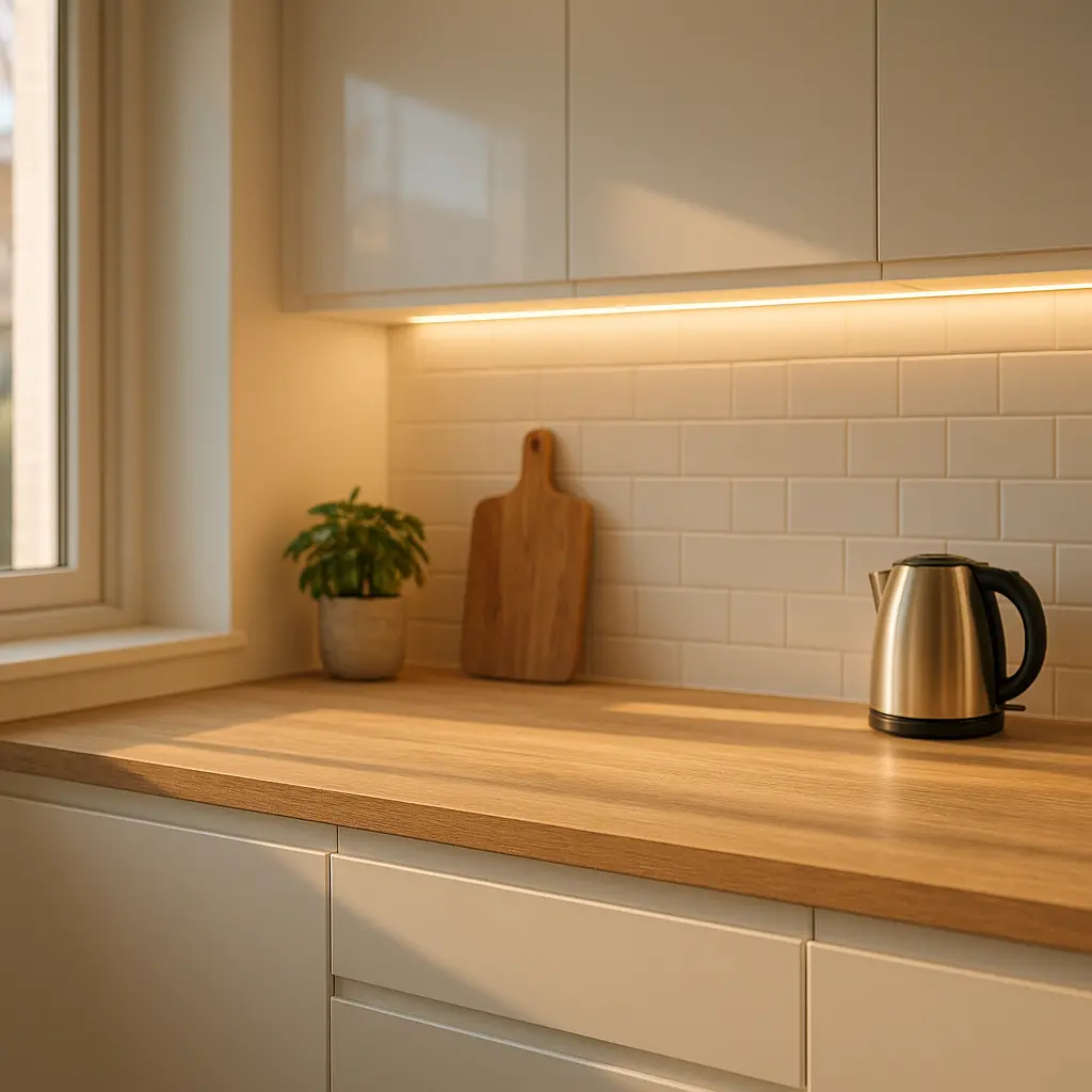 Petite cuisine lumineuse avec des façades blanches laquées, un éclairage LED sous les meubles hauts et un plan de travail en bois clair.