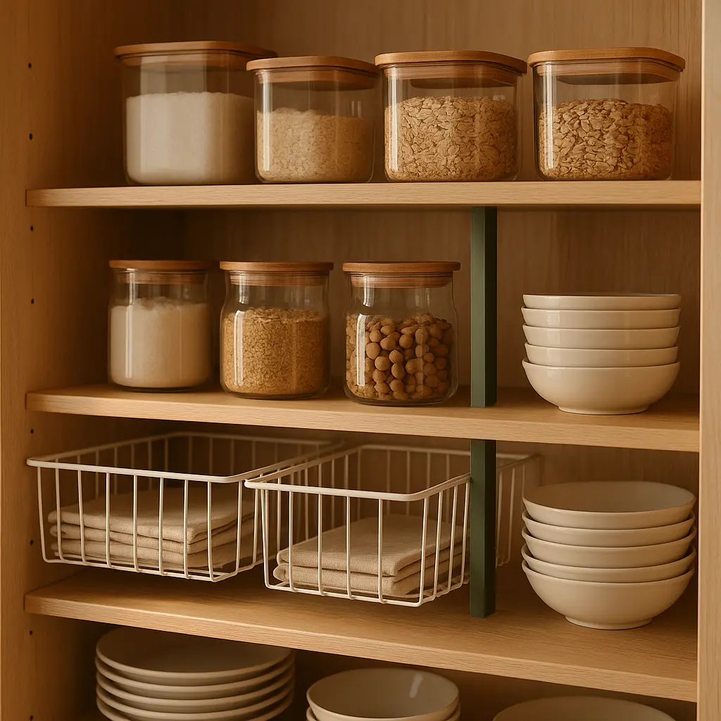 Intérieur d'un placard de cuisine haut et organisé, avec des séparateurs, des boîtes de conservation et des paniers coulissants.