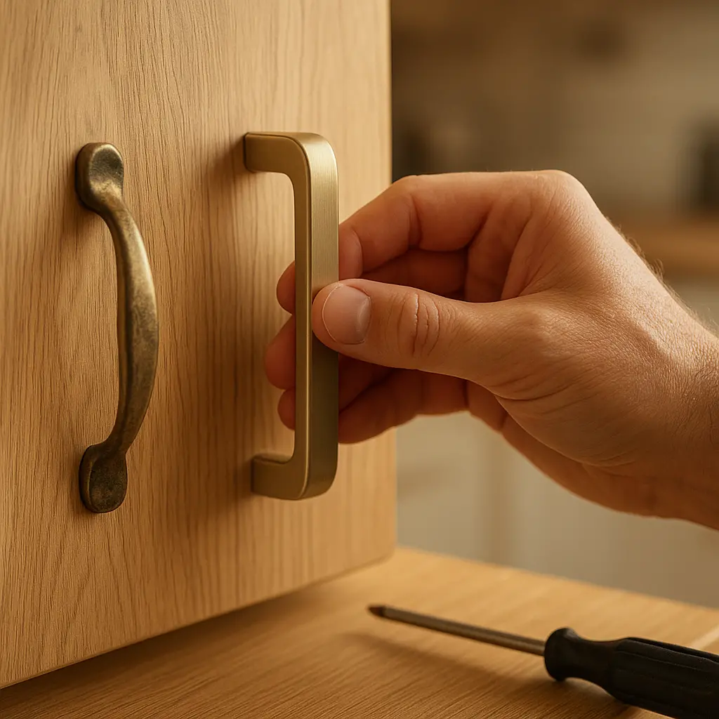 Gros plan sur une main changeant une poignée de meuble de cuisine. L'ancienne et la nouvelle poignée sont visibles.