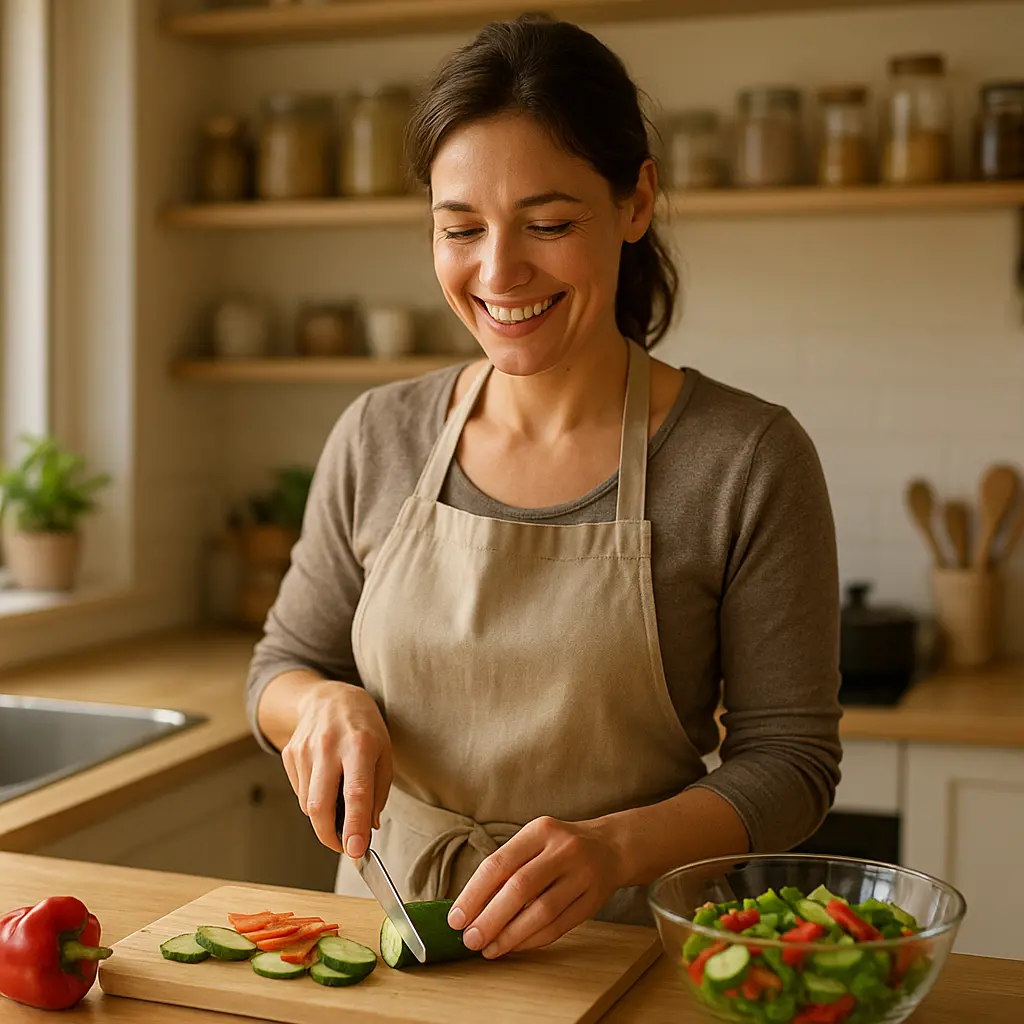 Une personne souriante prépare un repas dans sa petite cuisine optimisée, lumineuse et bien rangée.