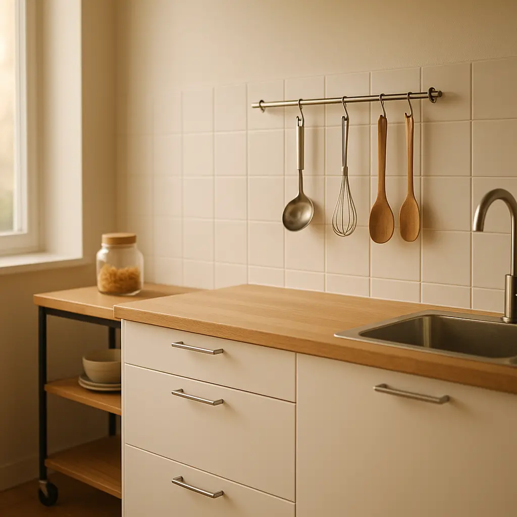 Cuisine linéaire blanche avec un plan de travail en bois, une desserte mobile et des ustensiles suspendus à une barre de crédence.