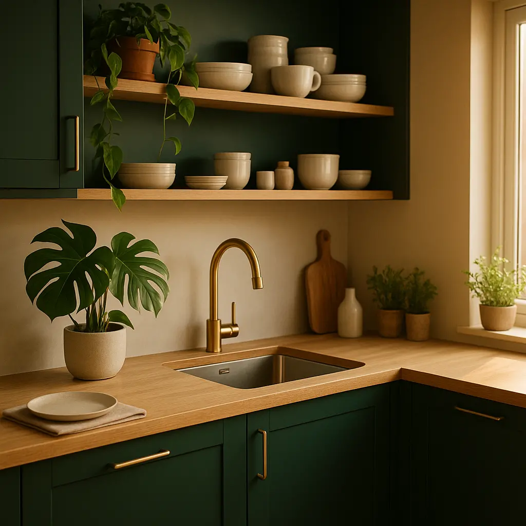 Cuisine moderne avec des façades vert sapin, un plan de travail en bois clair et plusieurs plantes vertes.