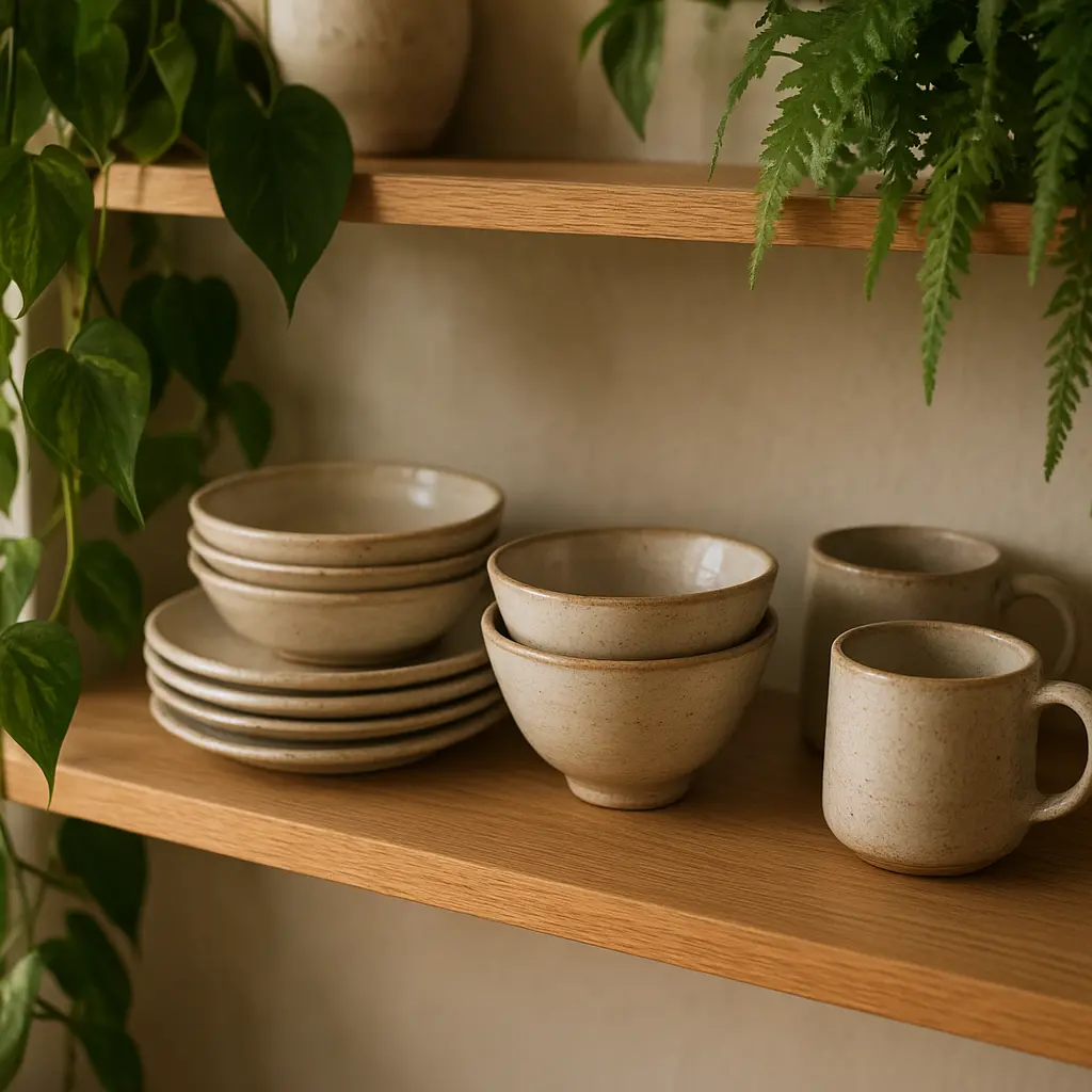 Gros plan sur une étagère en bois dans une cuisine, avec des plantes suspendues et de la vaisselle en céramique.