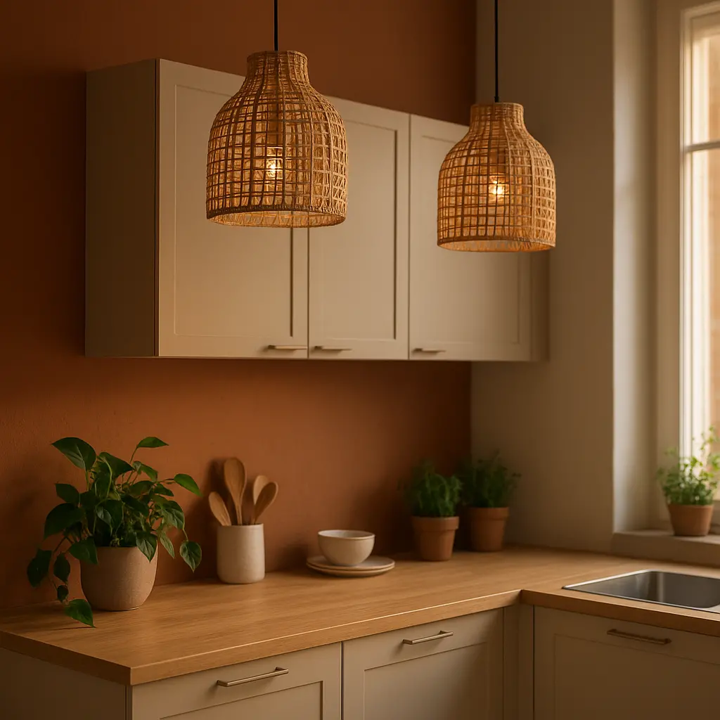 Petite cuisine avec un mur d'accent terracotta, des meubles beiges et des suspensions en rotin.