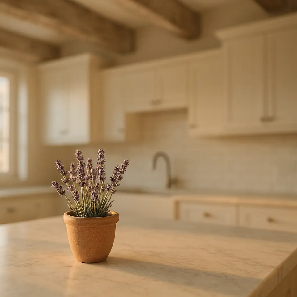 Cuisine blanche avec des poutres en bois blanchi, un plan de travail clair et un petit pot de lavande.
