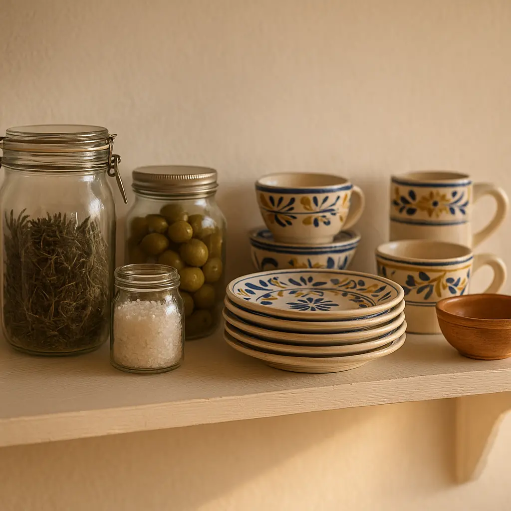 Étagère murale en bois blanc sur laquelle sont posés des bocaux en verre et de la vaisselle provençale.