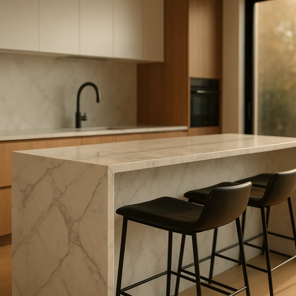 Cuisine compacte et luxueuse avec un îlot en marbre blanc veiné et des tabourets hauts noirs.