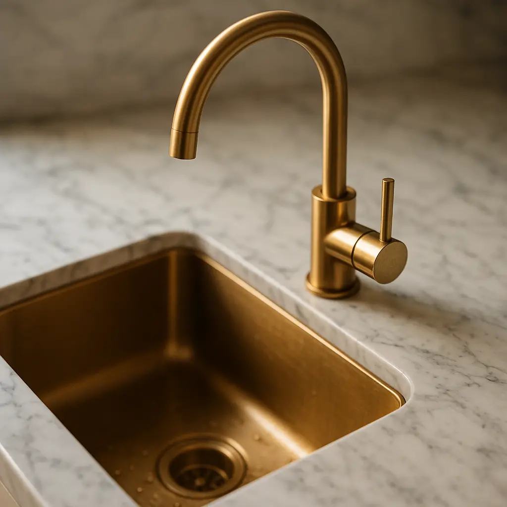 Gros plan sur un évier en laiton intégré dans un plan de travail en marbre, avec un robinet design.