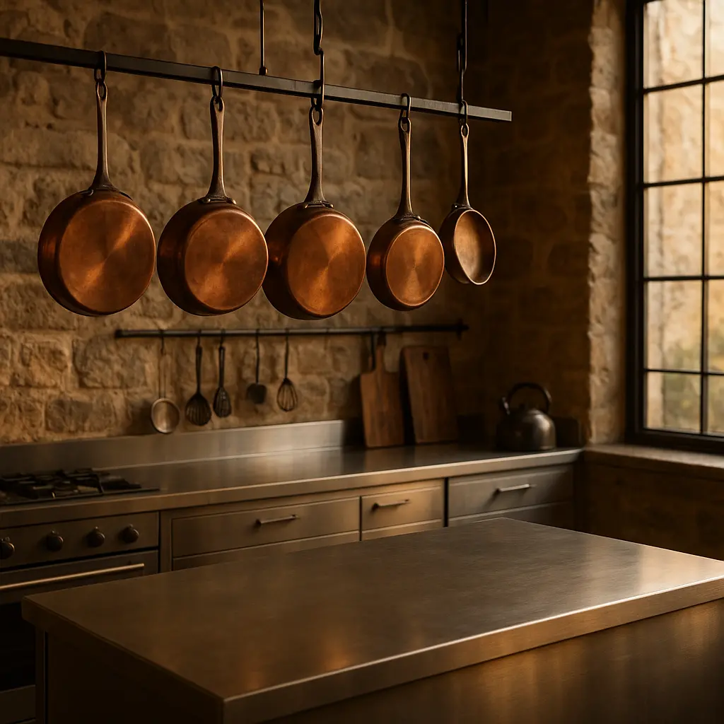Cuisine de style industriel avec un mur en pierre naturelle, des plans de travail en inox et des casseroles en cuivre suspendues.