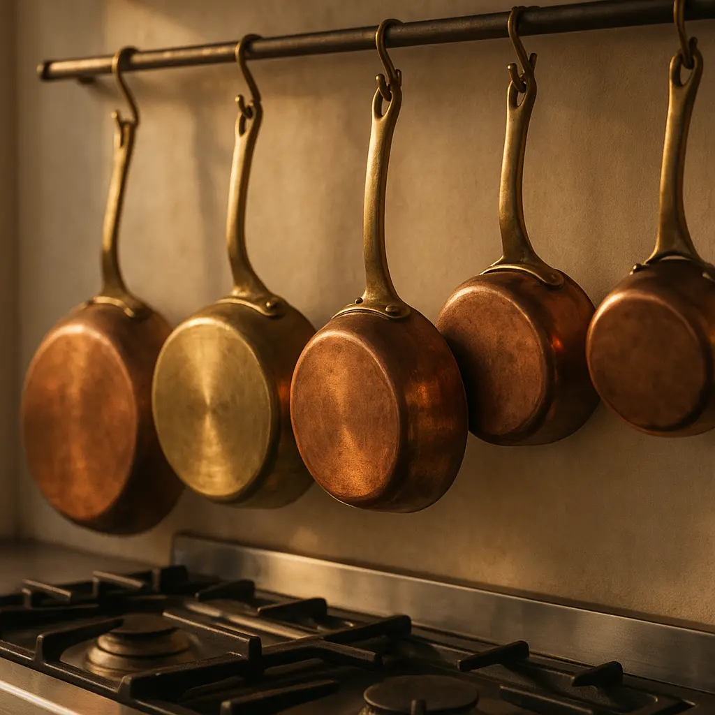 Une série de poêles et casseroles en laiton et cuivre accrochées à une barre métallique au-dessus d'une cuisinière.