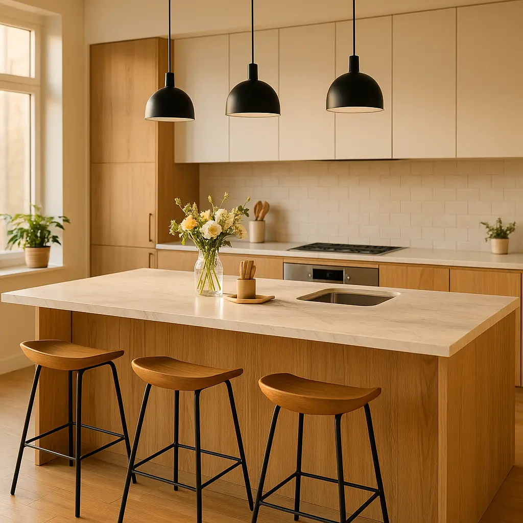 Une cuisine moderne et lumineuse avec un îlot central, montrant un espace de circulation fluide et ouvert.