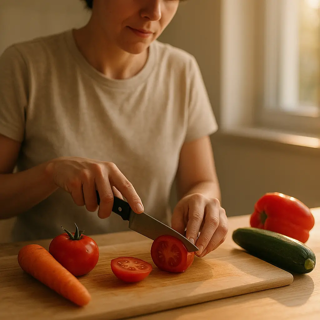 Une personne préparant des légumes sur un plan de travail en bois, à une hauteur confortable pour elle.