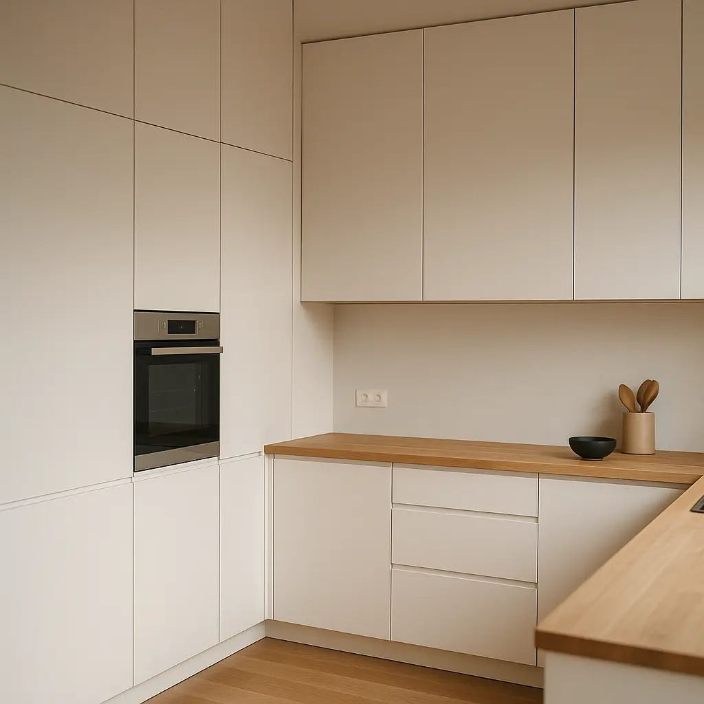 Des placards de cuisine blancs montant jusqu'au plafond, optimisant l'espace de rangement en hauteur.