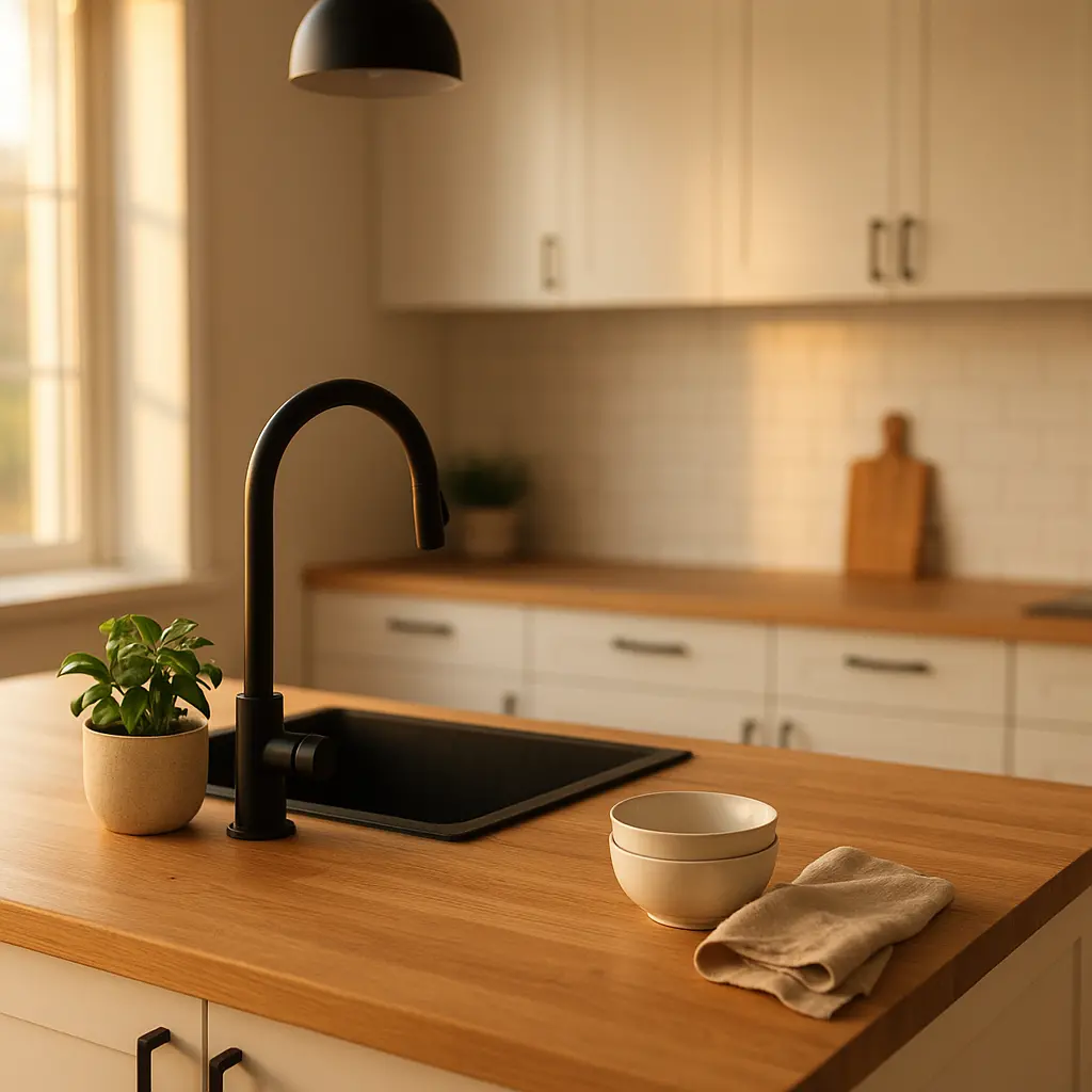 Une cuisine de style scandinave avec des façades blanches, un plan de travail en bois clair et quelques touches de noir.