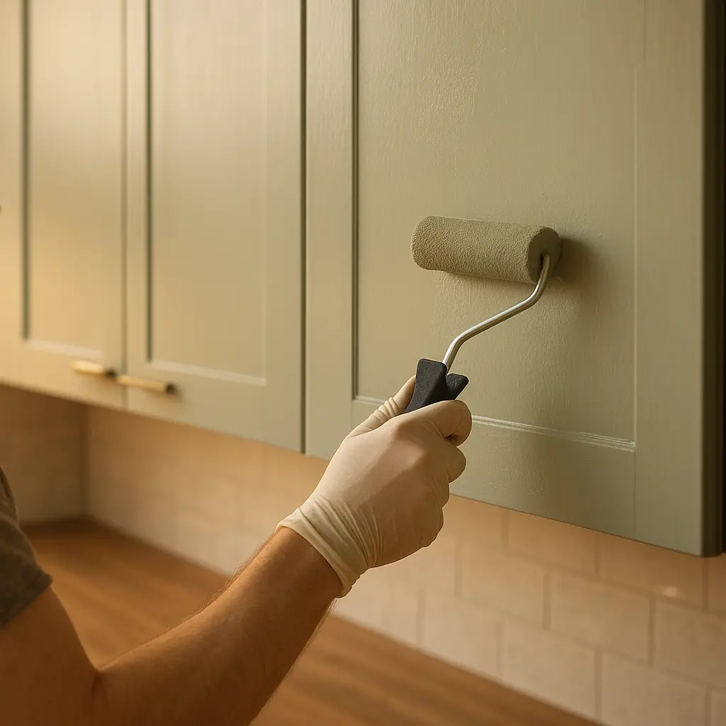 Une personne peignant une porte de placard de cuisine avec un petit rouleau, lui donnant une nouvelle couleur.
