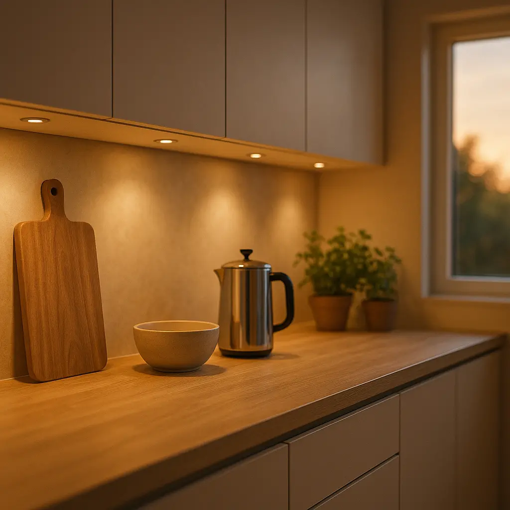 Une cuisine bien éclairée le soir, avec des spots au plafond et une bande LED illuminant le plan de travail.