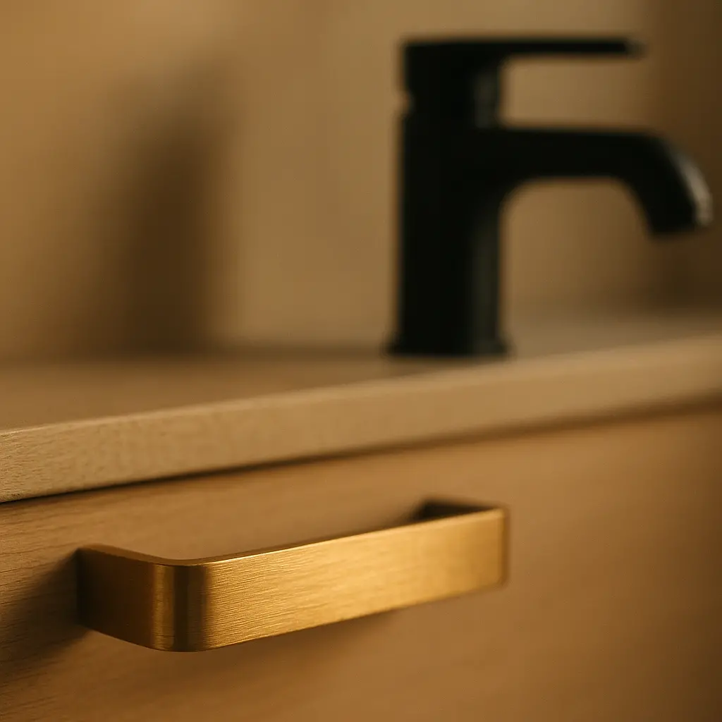 Un plan rapproché sur une poignée de tiroir en laiton brossé et un robinet noir mat design.