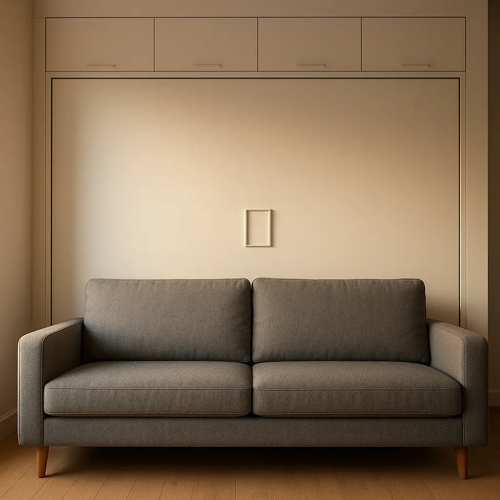 Un lit escamotable blanc fermé, intégré dans un mur de rangement, avec un canapé gris devant.