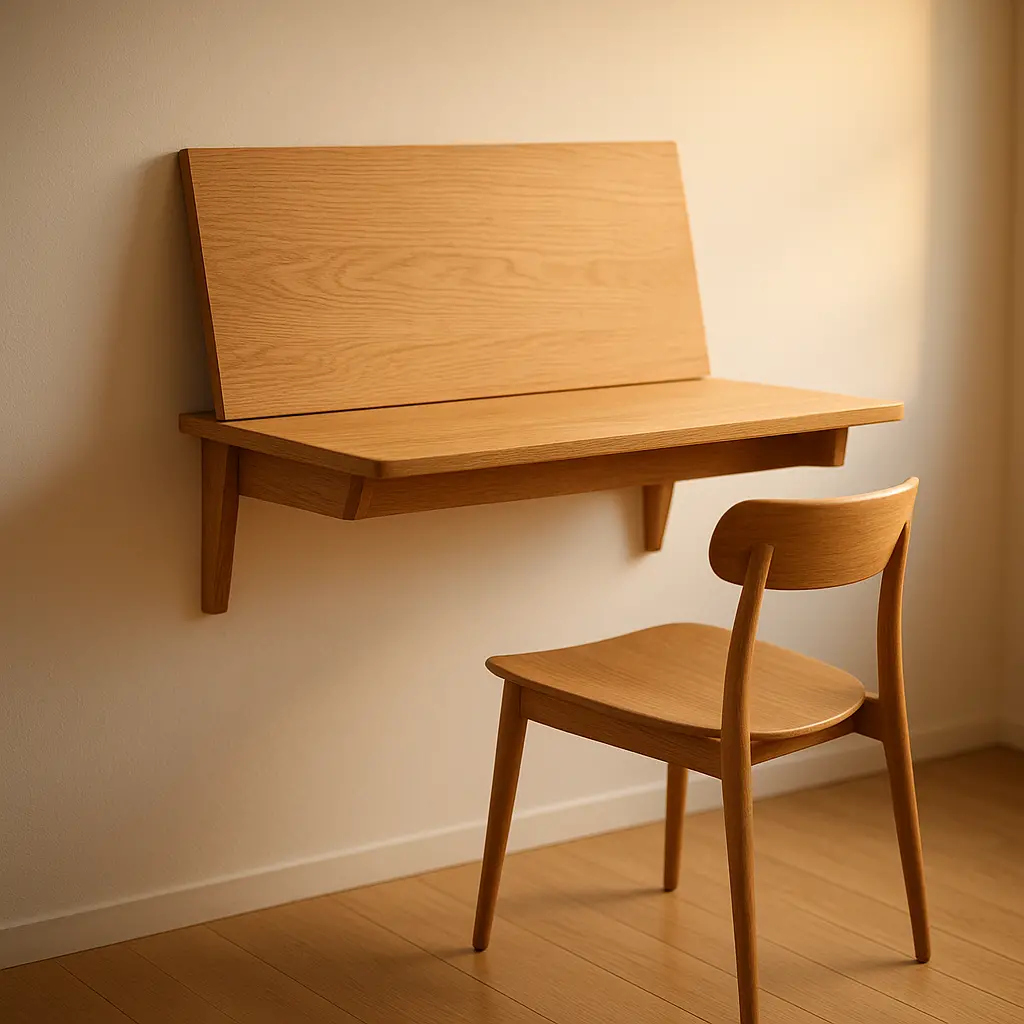 Un bureau mural en bois rabattu contre un mur blanc, avec une chaise design placée en dessous.