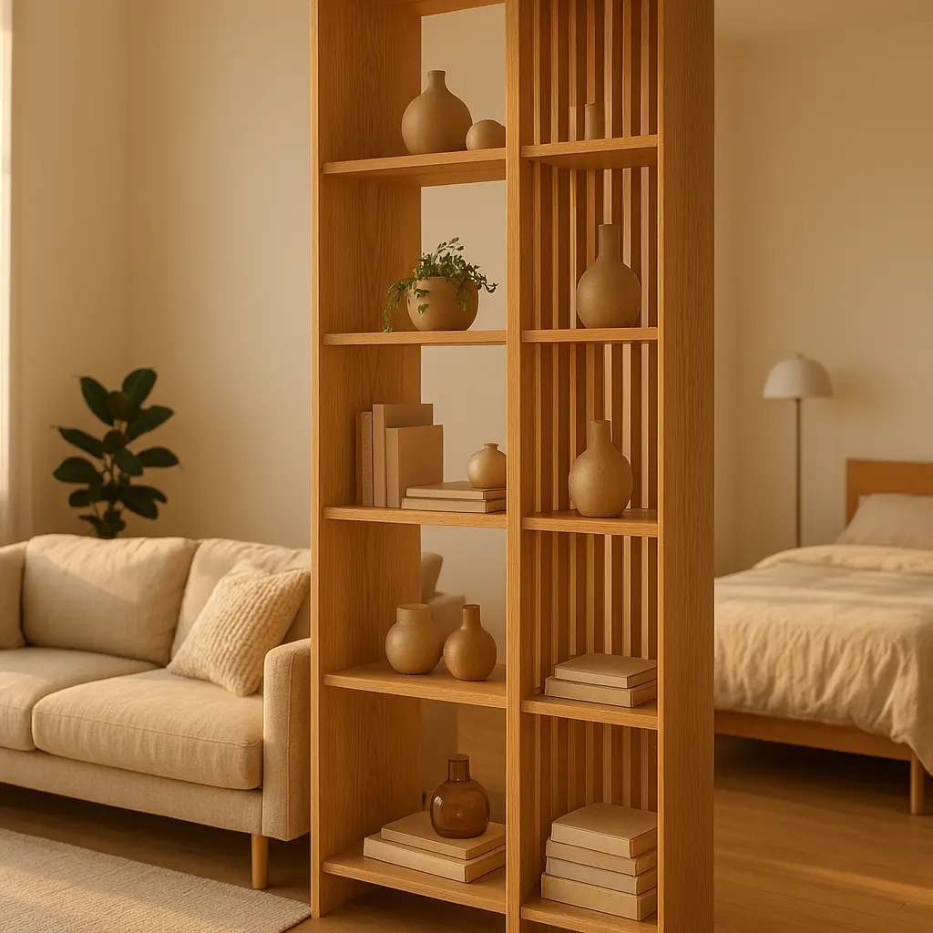 Une bibliothèque ajourée en bois clair séparant un coin salon d'un coin nuit dans un studio lumineux.