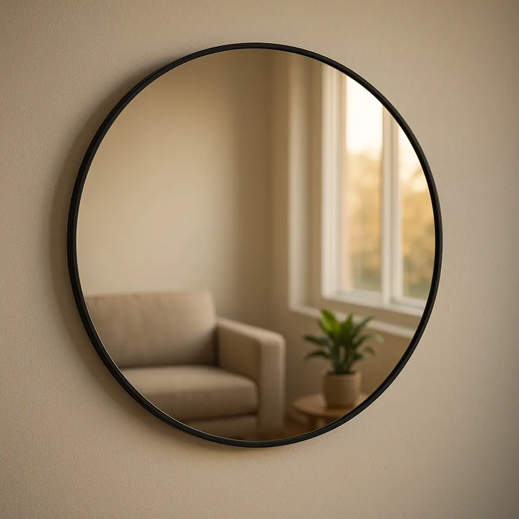 Un grand miroir rond accroché sur un mur clair, reflétant une partie du studio et une fenêtre.