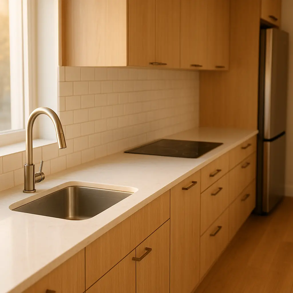 Vue en perspective d'une cuisine en longueur, montrant un plan de travail avec un évier, des plaques de cuisson et un réfrigérateur alignés.