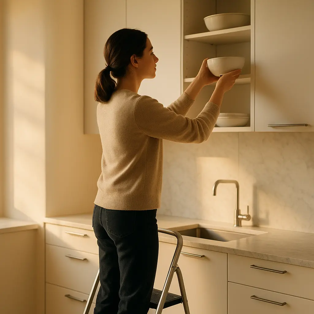 Meubles de cuisine blancs montant jusqu'au plafond, avec une personne sur un escabeau rangeant un plat sur l'étagère du haut.