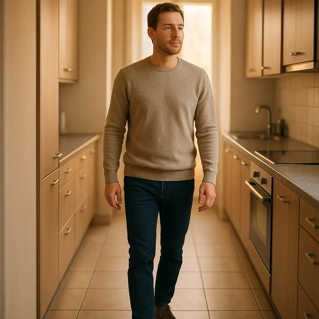 Personne marchant aisément dans une cuisine étroite, avec des meubles de faible profondeur sur un côté et des meubles standards de l'autre.