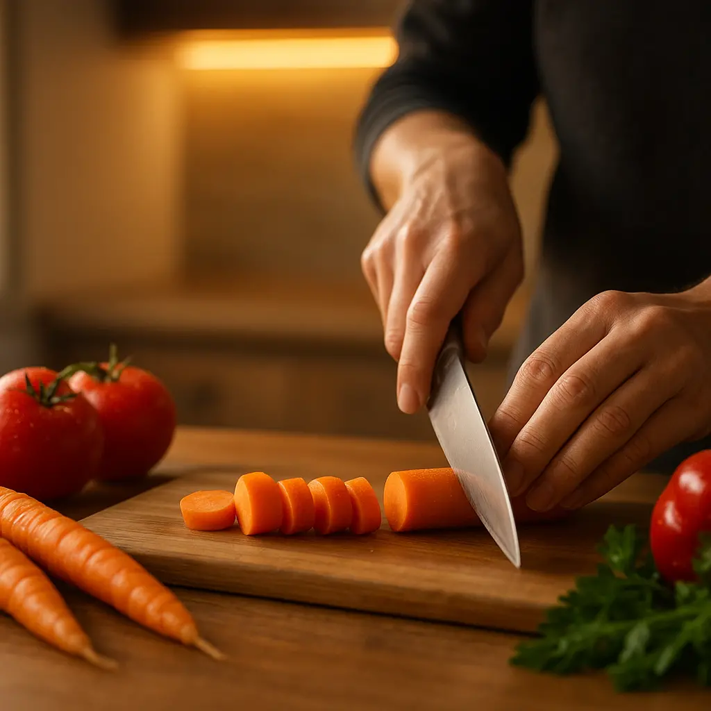 Gros plan sur des mains préparant des légumes sur un plan de travail en bois, illuminé par une bande LED fixée sous un meuble haut.