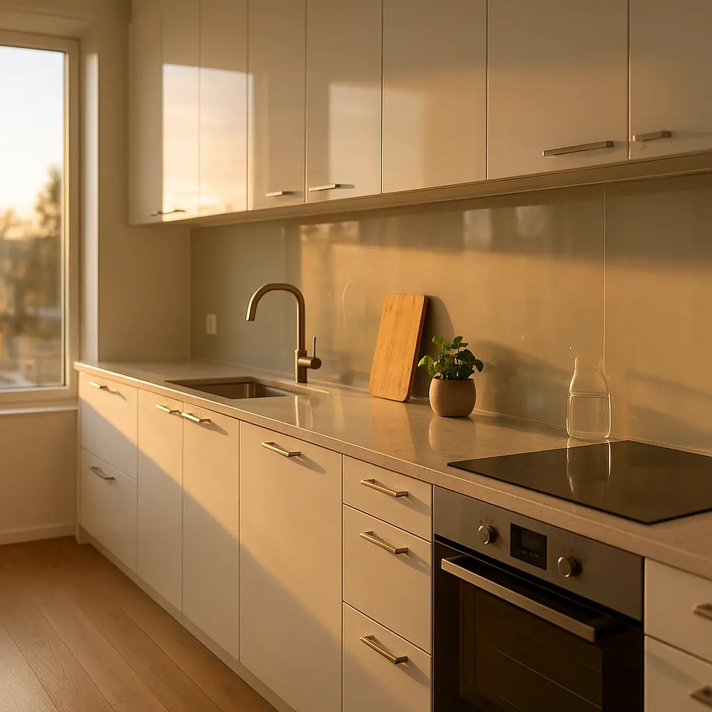 Cuisine en longueur très lumineuse avec des façades de meubles blanches laquées et une crédence brillante qui réfléchit la lumière de la fenêtre.