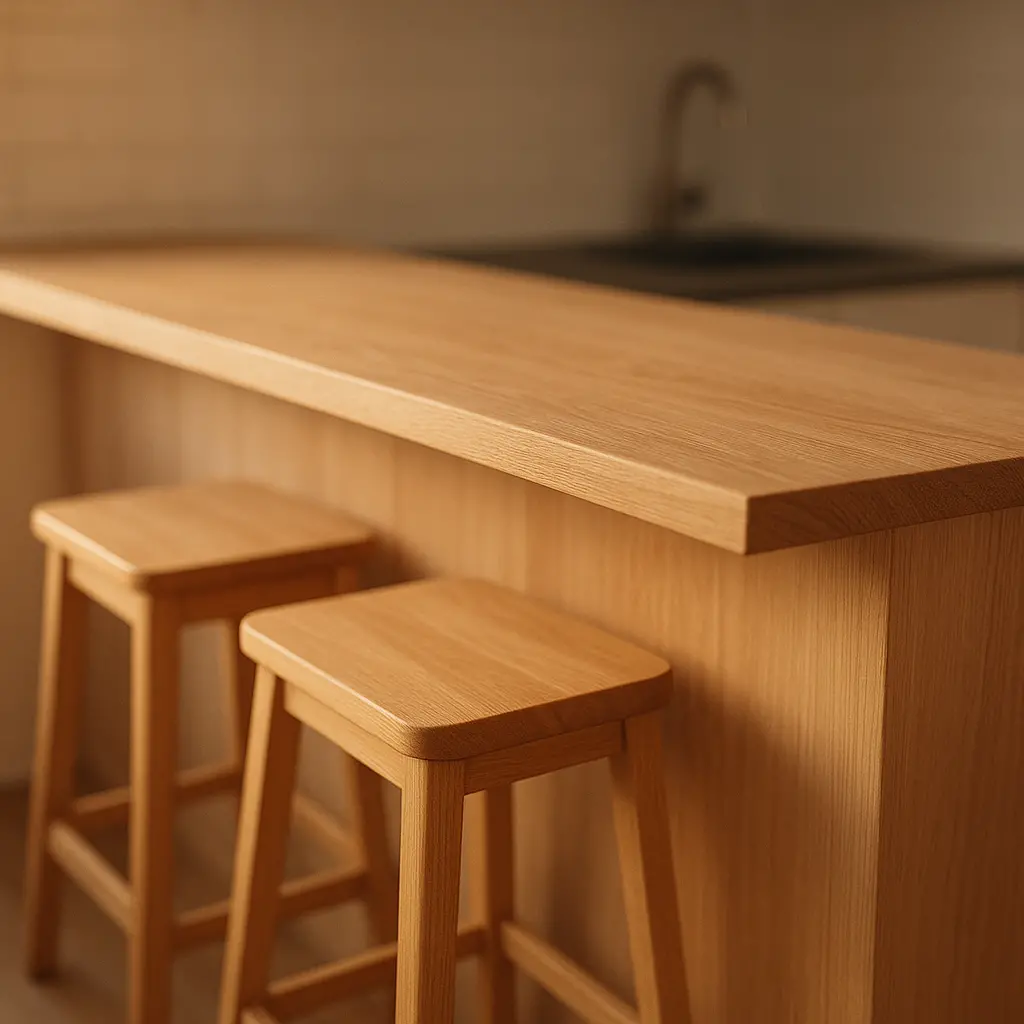 Un petit bar en bois clair au bout d'un plan de travail de cuisine, avec deux tabourets hauts bien rangés en dessous.