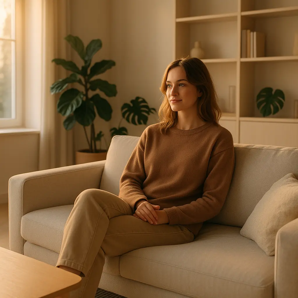 Un studio lumineux et bien agencé, où une personne est assise confortablement sur un canapé design, profitant de l'espace optimisé.