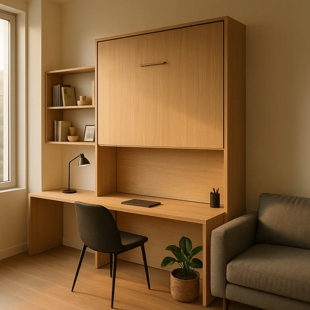 Un lit escamotable est relevé contre le mur, révélant un bureau intégré et bien rangé dans un salon moderne.