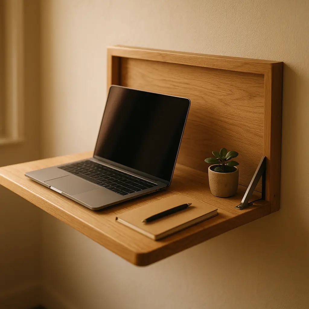 Un bureau mural rabattable est déplié, avec un ordinateur portable posé dessus, créant un espace de travail fonctionnel.