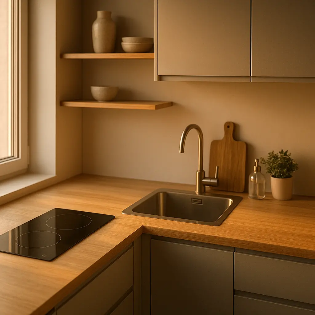 Une cuisine compacte et moderne est installée dans un studio, avec plaques de cuisson, un évier et des rangements intégrés.