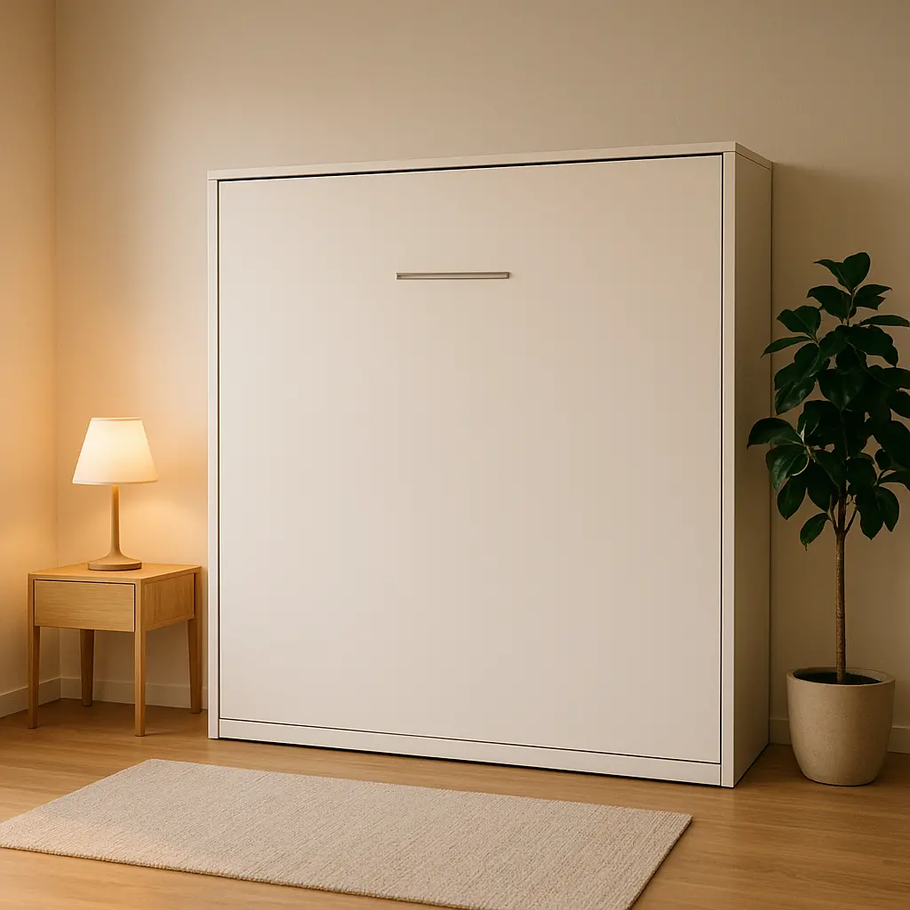 Un lit escamotable moderne est replié contre un mur blanc, ressemblant à une armoire épurée. Dans un studio de 20m² en longueur.