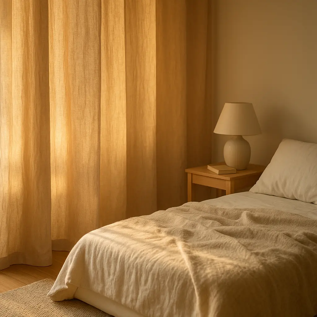 Un coin nuit dans un studio, séparé du reste de la pièce par un grand rideau beige suspendu au plafond.