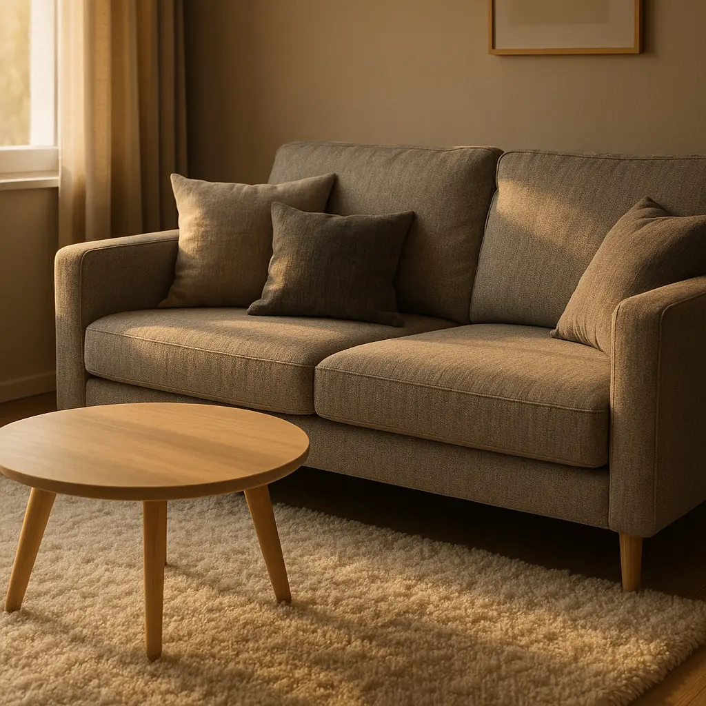 Un petit salon cosy avec un canapé deux places gris, un tapis moelleux et une table basse ronde en bois.