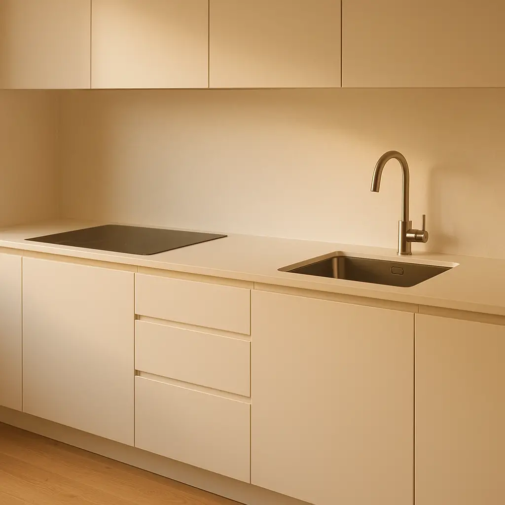 Une cuisine linéaire compacte et blanche, avec des plaques de cuisson, un évier et des rangements intégrés.