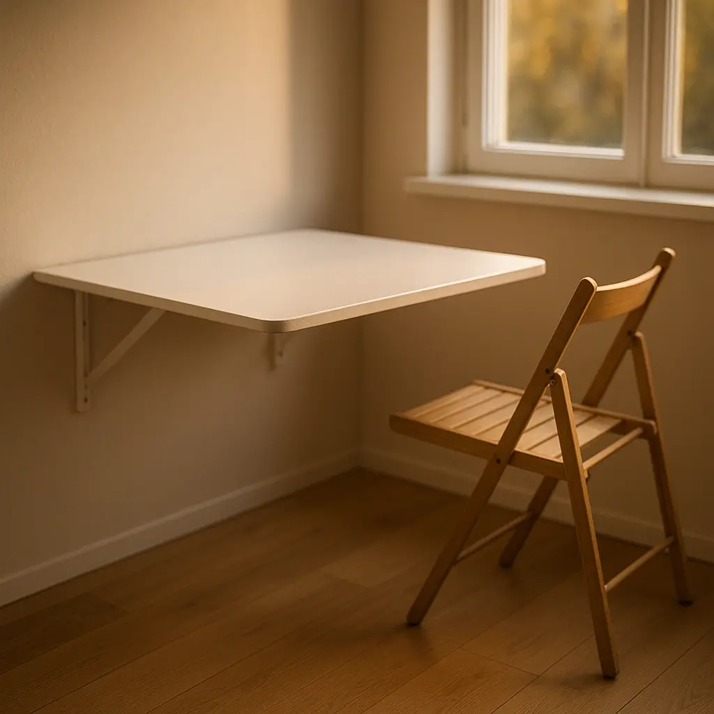 Une table blanche rabattable fixée au mur, avec deux chaises pliantes, installée sous une fenêtre lumineuse.