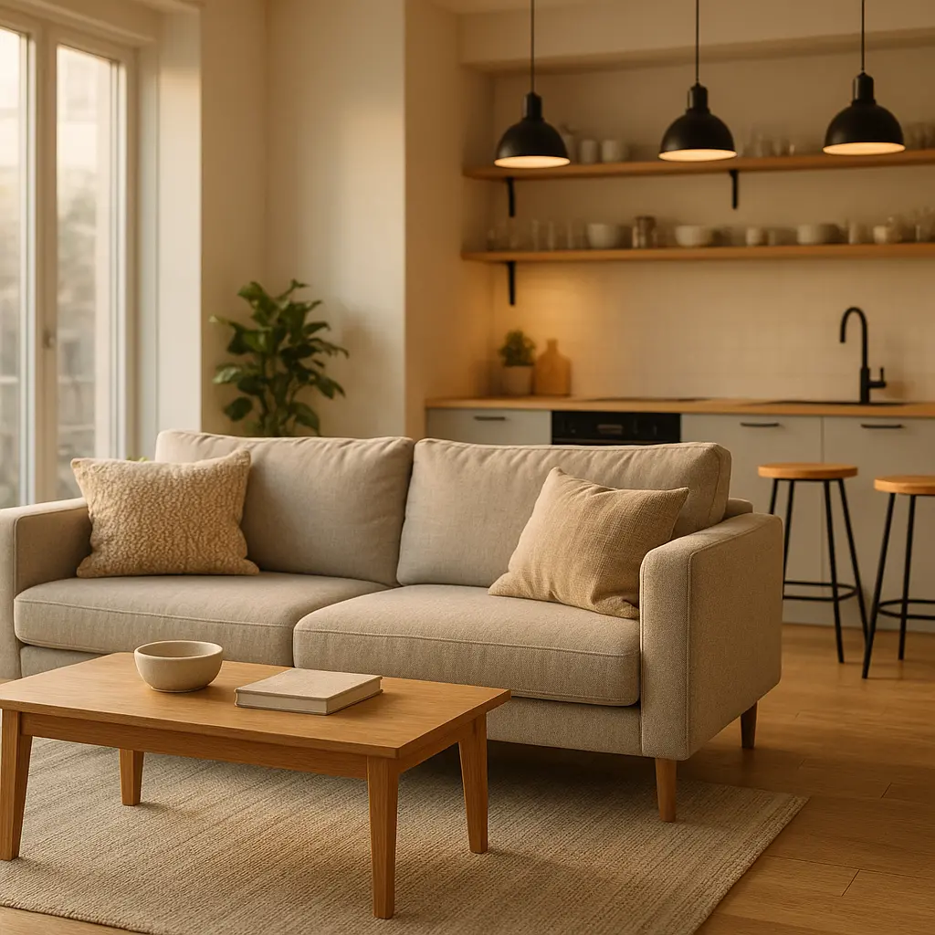 Vue d'ensemble d'un studio où des touches de bois clair et de métal noir se retrouvent dans le salon et la cuisine.